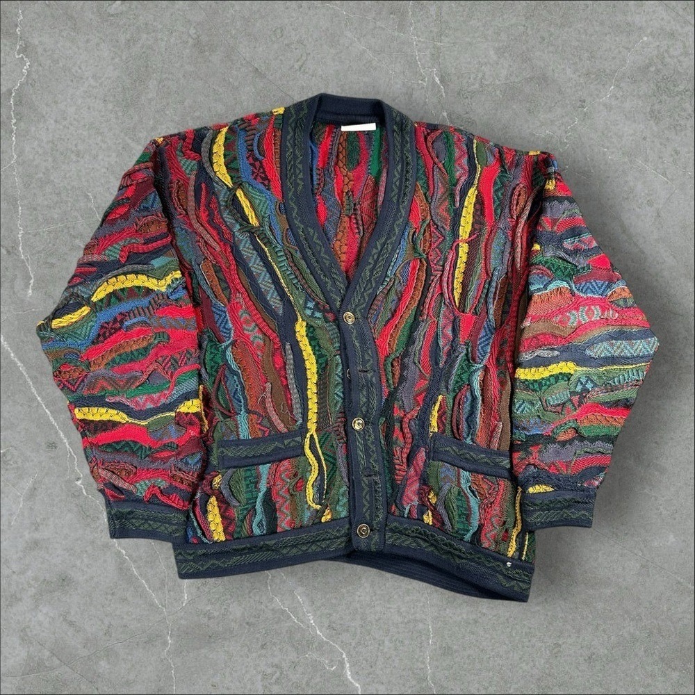 Vintage Coogi Sweater Mens Medium Multicolor 3D Knit Hip Hop Retro 90s Cardigan